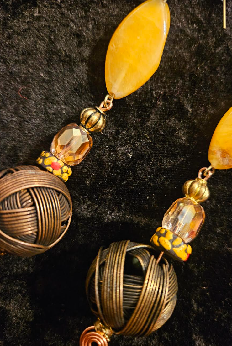 Big Copper Wire Ball & Crystal Drop Pierced Statement Earrings Earth