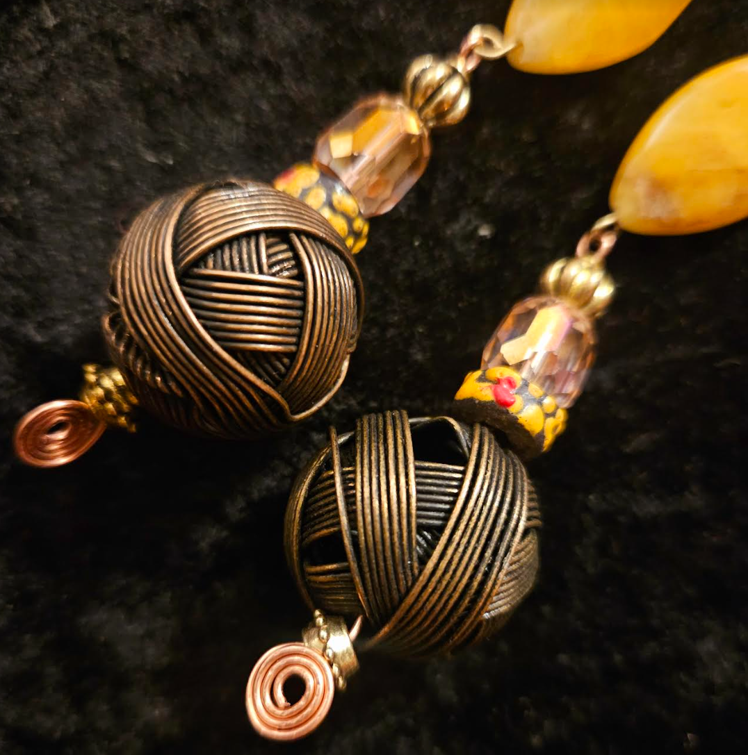 Big Copper Wire Ball & Crystal Drop Pierced Statement Earrings Earth