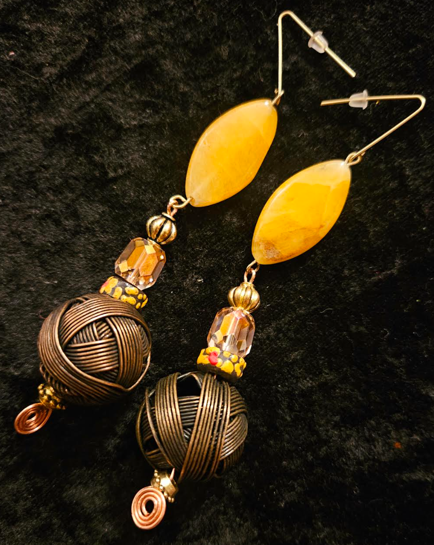 Big Copper Wire Ball & Crystal Drop Pierced Statement Earrings Earth