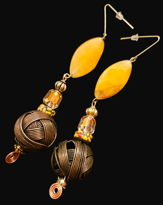 Big Copper Wire Ball & Crystal Drop Shoulder Dusters - Pierced Earrings