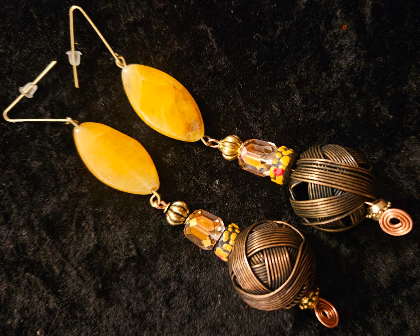 Big Copper Wire Ball & Crystal Drop Pierced Statement Earrings Earth