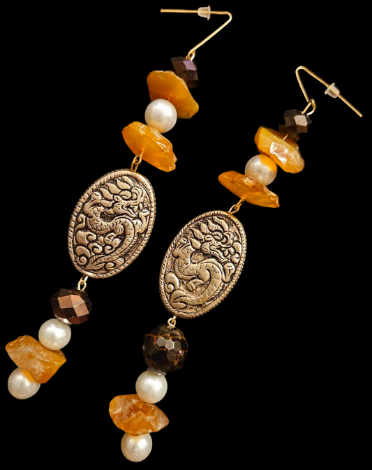 Exotic Faux Pearl, Rough Carnelian & Tribal Dragon Shoulder Dusters