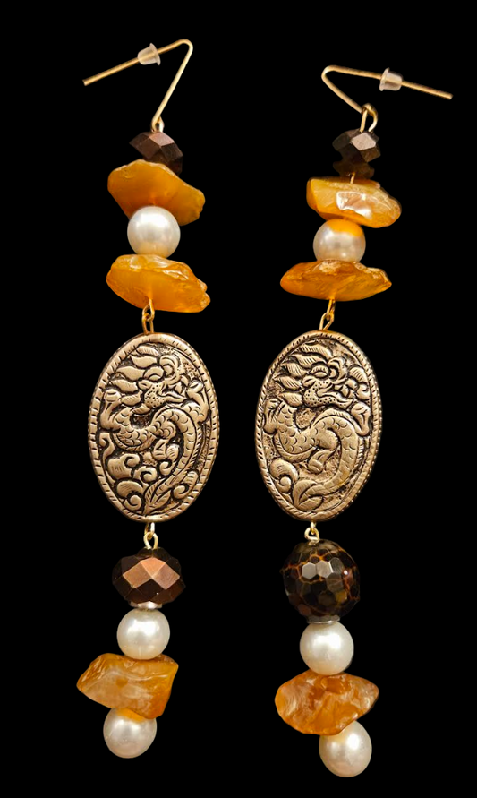 Exotic Faux Pearl, Rough Carnelian & Tribal Dragon Shoulder Dusters