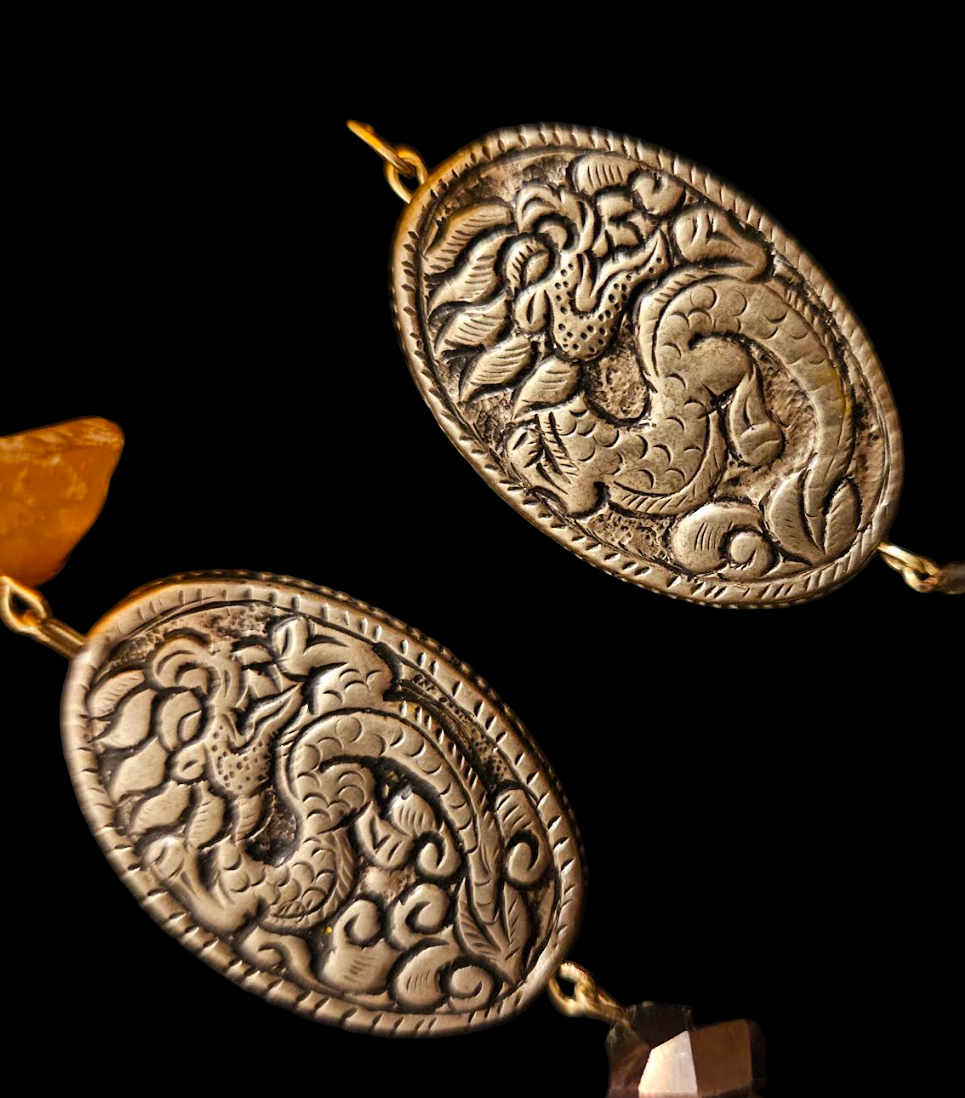 Exotic Faux Pearl, Rough Carnelian & Tribal Dragon Shoulder Dusters