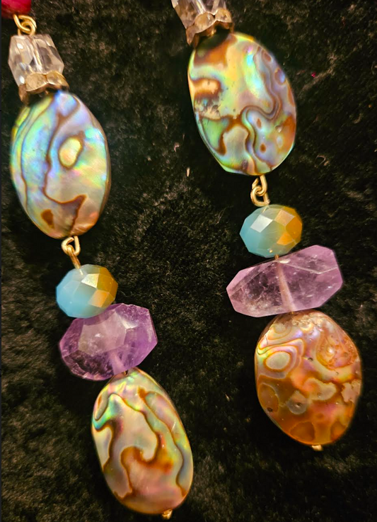 Abalone & Mixed Gemstone Long Dangle Pierced Statement Earrings Moth