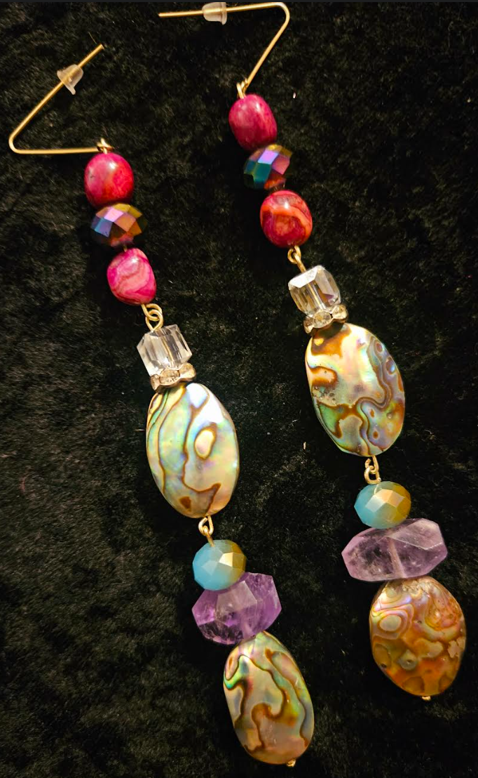 Abalone & Mixed Gemstone Long Dangle Pierced Statement Earrings Moth