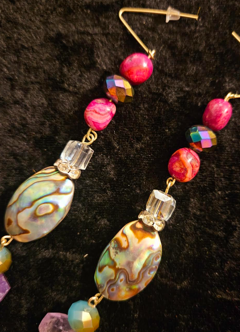 Abalone & Mixed Gemstone Long Dangle Pierced Statement Earrings Moth