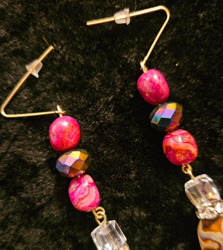 Abalone & Mixed Gemstone Long Dangle Pierced Statement Earrings Moth