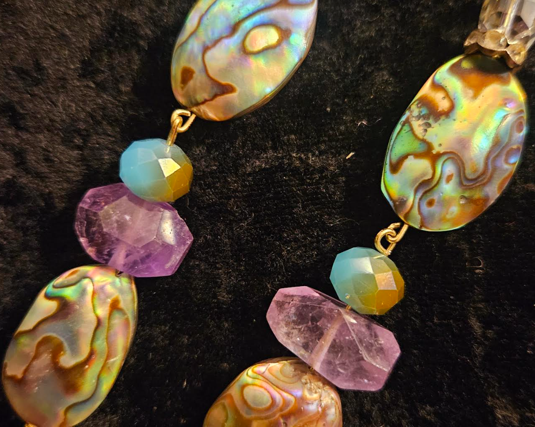 Abalone & Mixed Gemstone Long Dangle Pierced Statement Earrings Moth