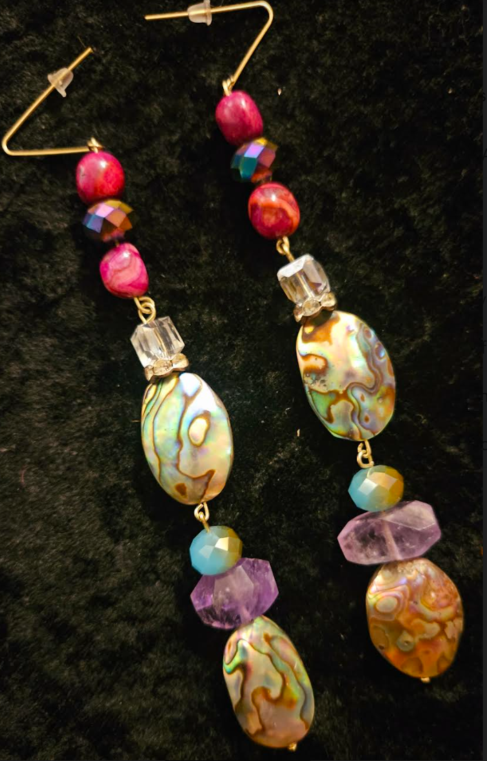 Abalone & Mixed Gemstone Long Dangle Pierced Statement Earrings Moth