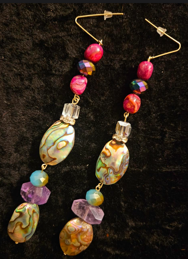 Abalone & Mixed Gemstone Long Dangle Pierced Statement Earrings Moth