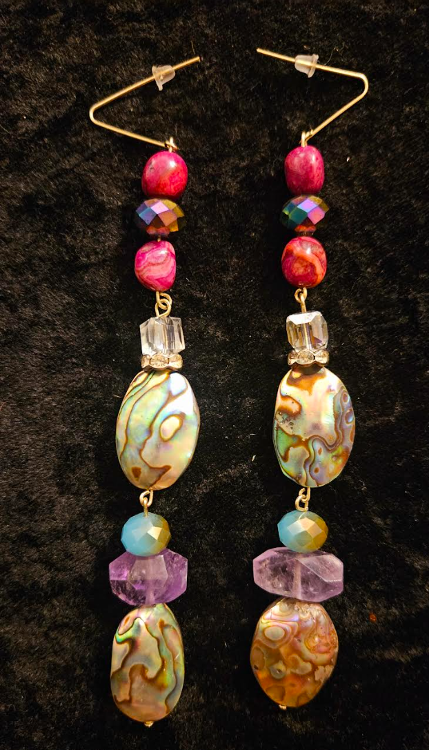 Abalone & Mixed Gemstone Long Dangle Pierced Statement Earrings Moth