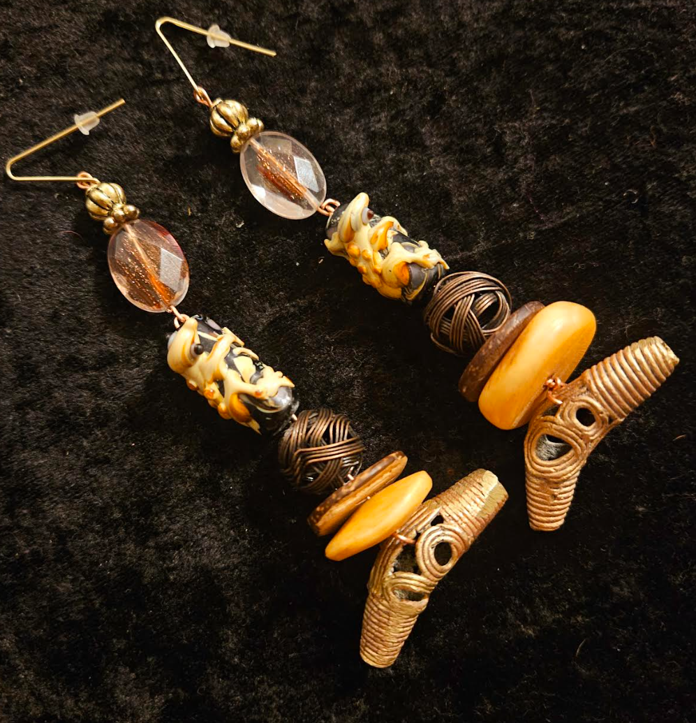 African Tribal Inspired Lost Wax Brass Pierced Statement Earrings Ex