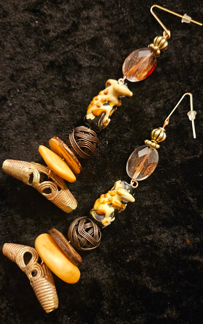 African Tribal Inspired Lost Wax Brass Pierced Statement Earrings Ex