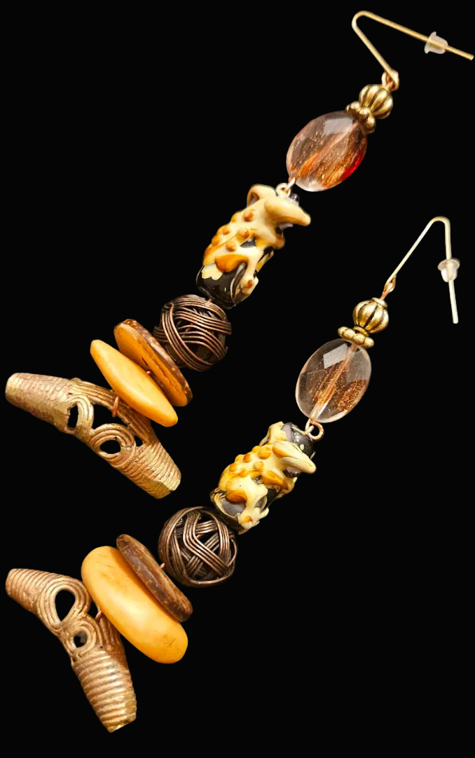 African Tribal Lost Wax Brass & Gecko Lizard Pierced Statement Earrings