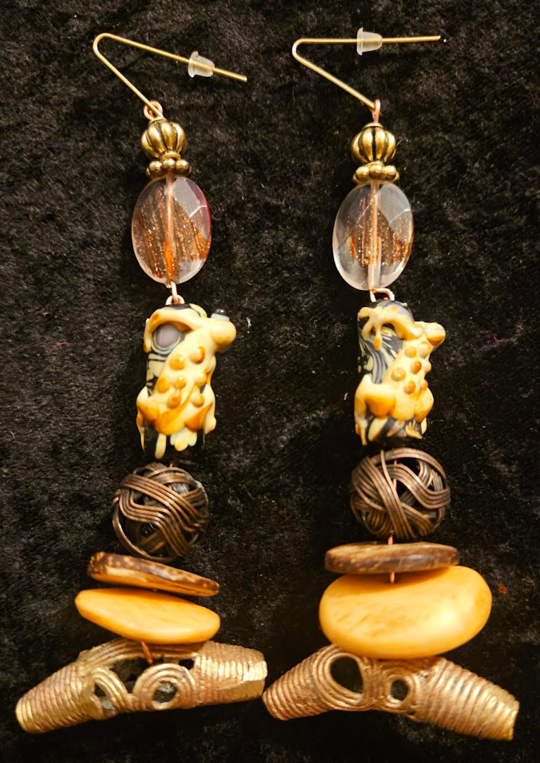 African Tribal Inspired Lost Wax Brass Pierced Statement Earrings Ex