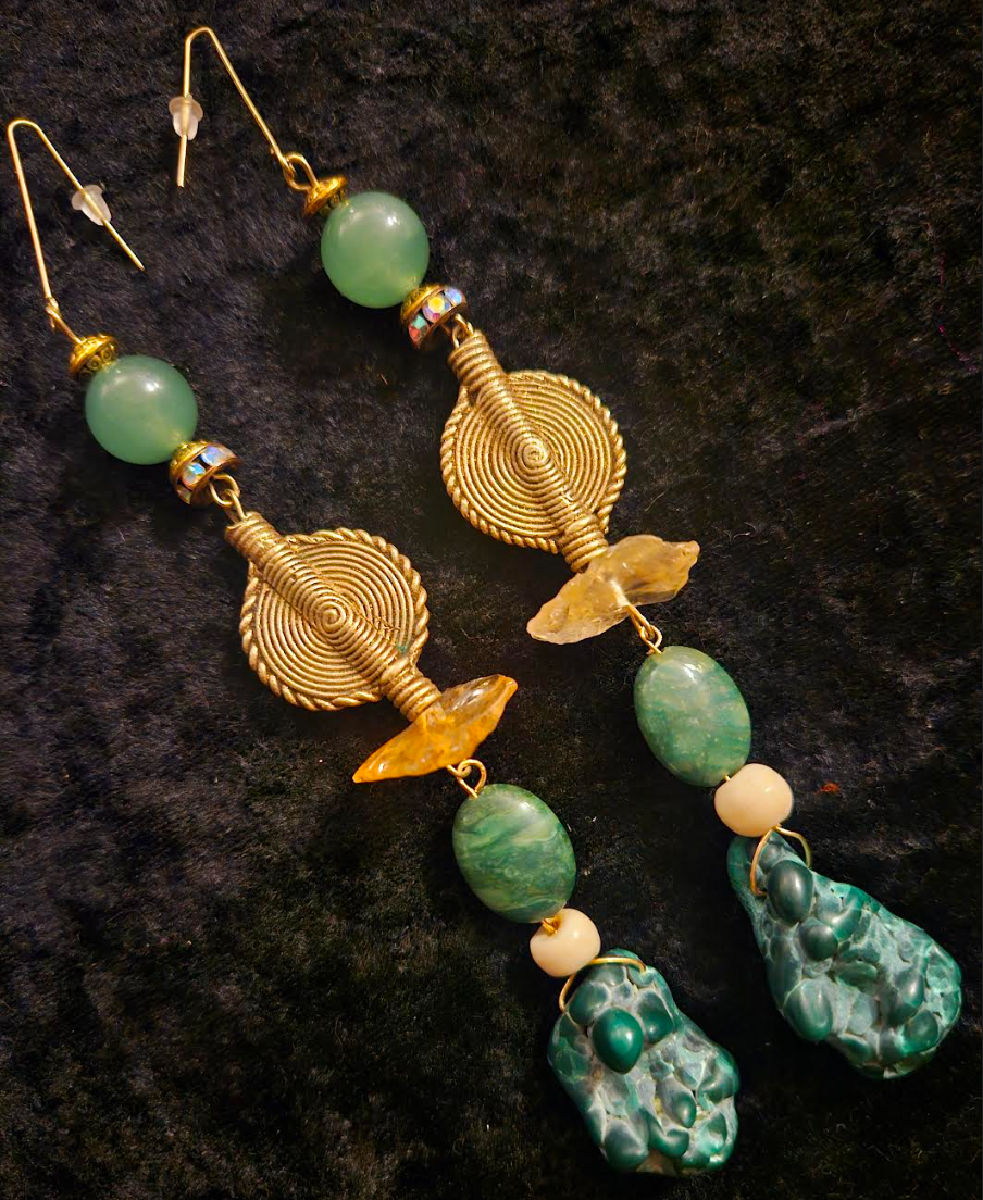 Malachite Citrine and Lost Wax Brass Shoulder Duster Statement Earring