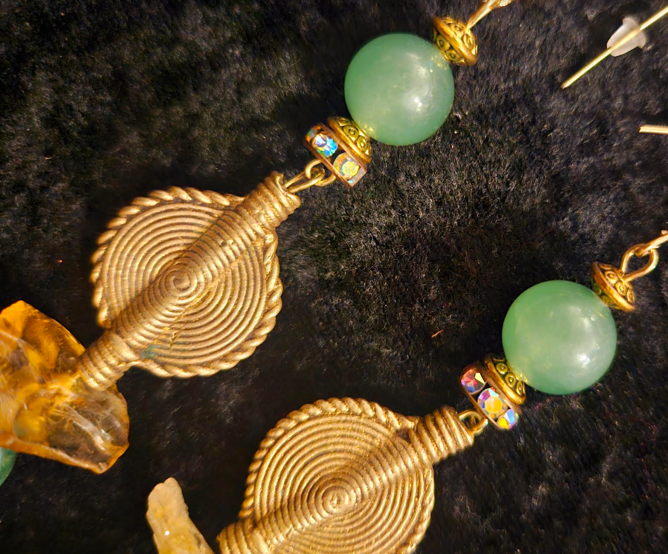 Malachite Citrine and Lost Wax Brass Shoulder Duster Statement Earring