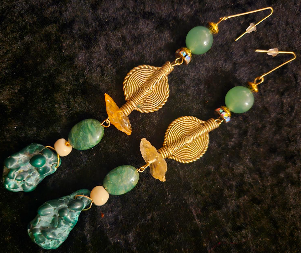 Malachite Citrine and Lost Wax Brass Shoulder Duster Statement Earring