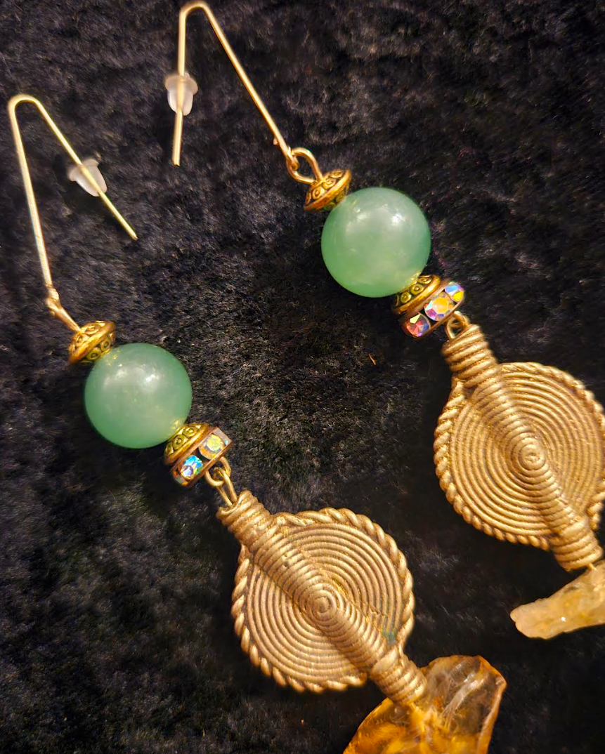 Malachite Citrine and Lost Wax Brass Shoulder Duster Statement Earring