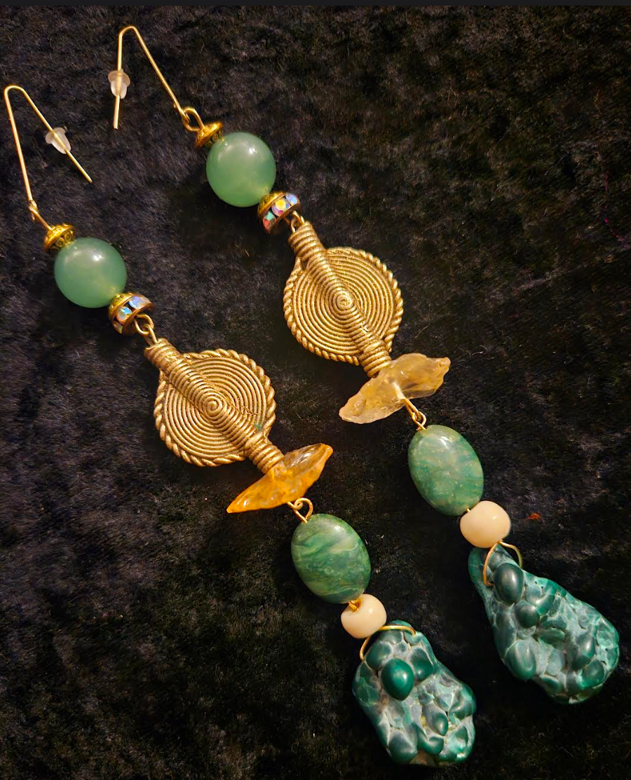 Malachite Citrine and Lost Wax Brass Shoulder Duster Statement Earring
