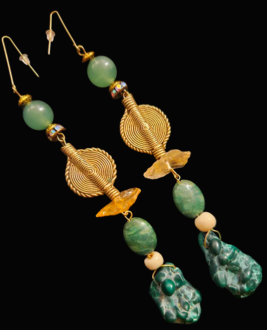Malachite Citrine & Lost Wax Brass Shoulder Duster Statement Earrings