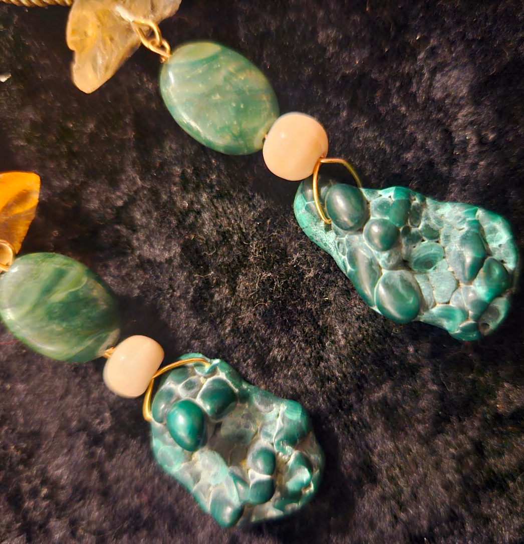 Malachite Citrine and Lost Wax Brass Shoulder Duster Statement Earring