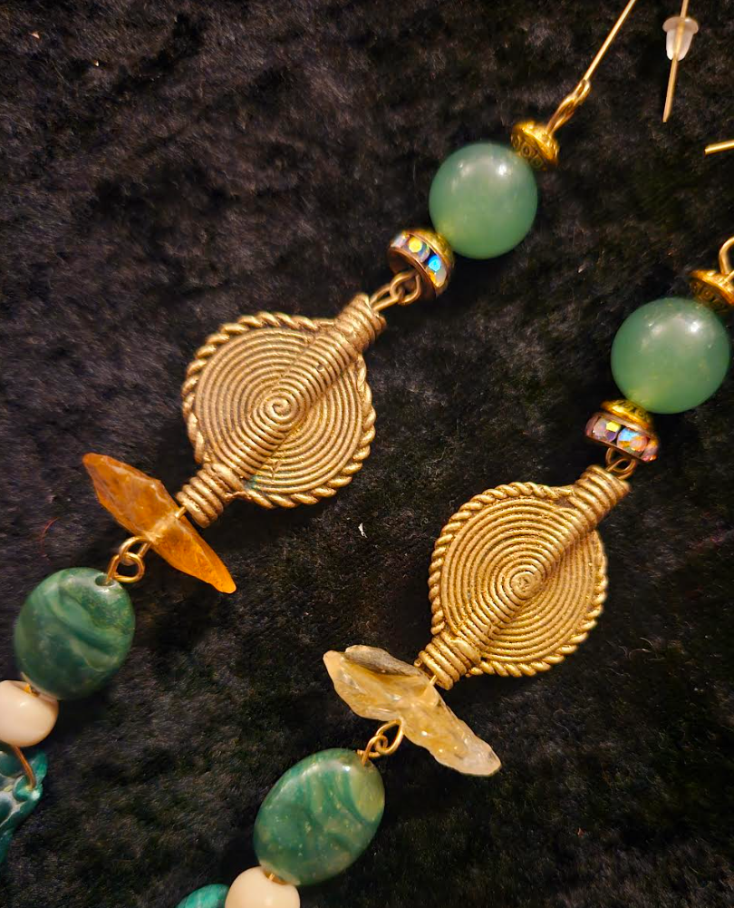 Malachite Citrine and Lost Wax Brass Shoulder Duster Statement Earring