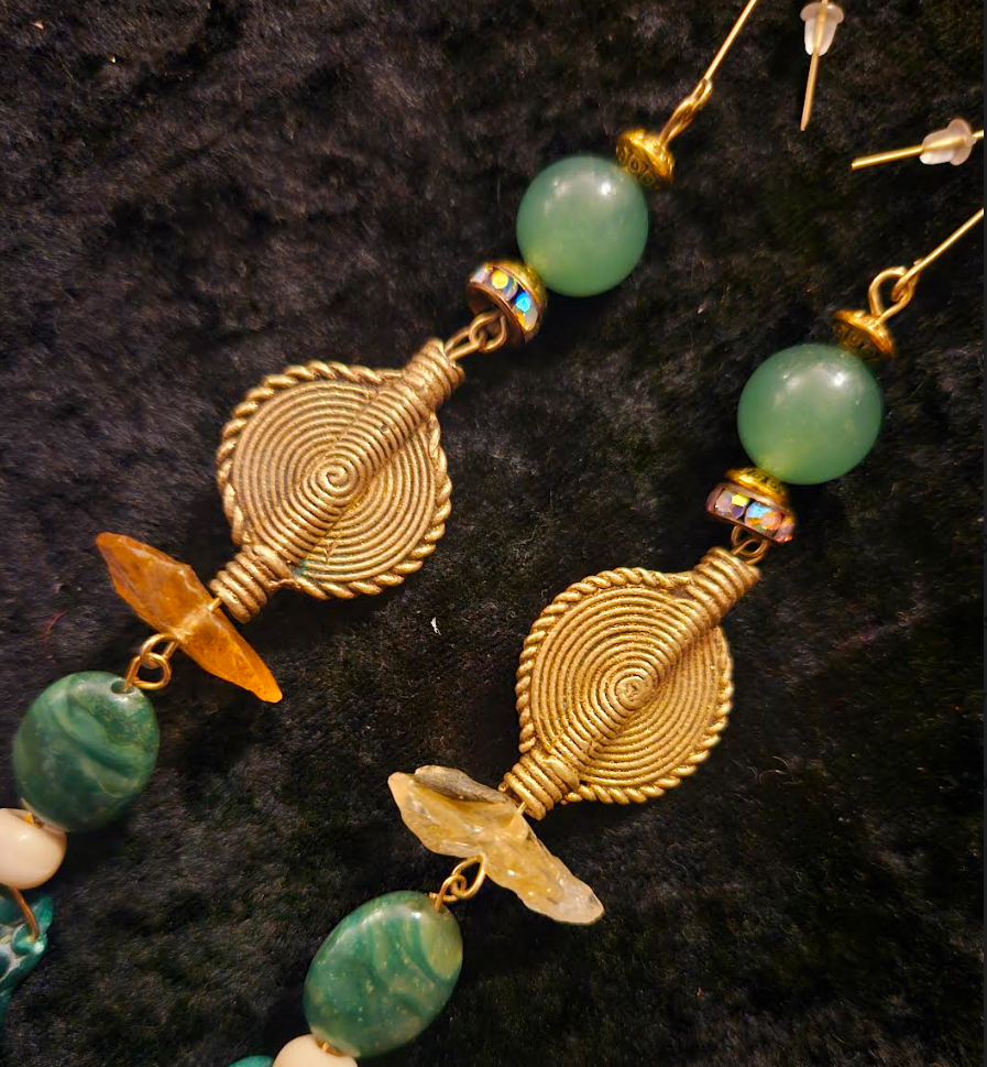 Malachite Citrine and Lost Wax Brass Shoulder Duster Statement Earring