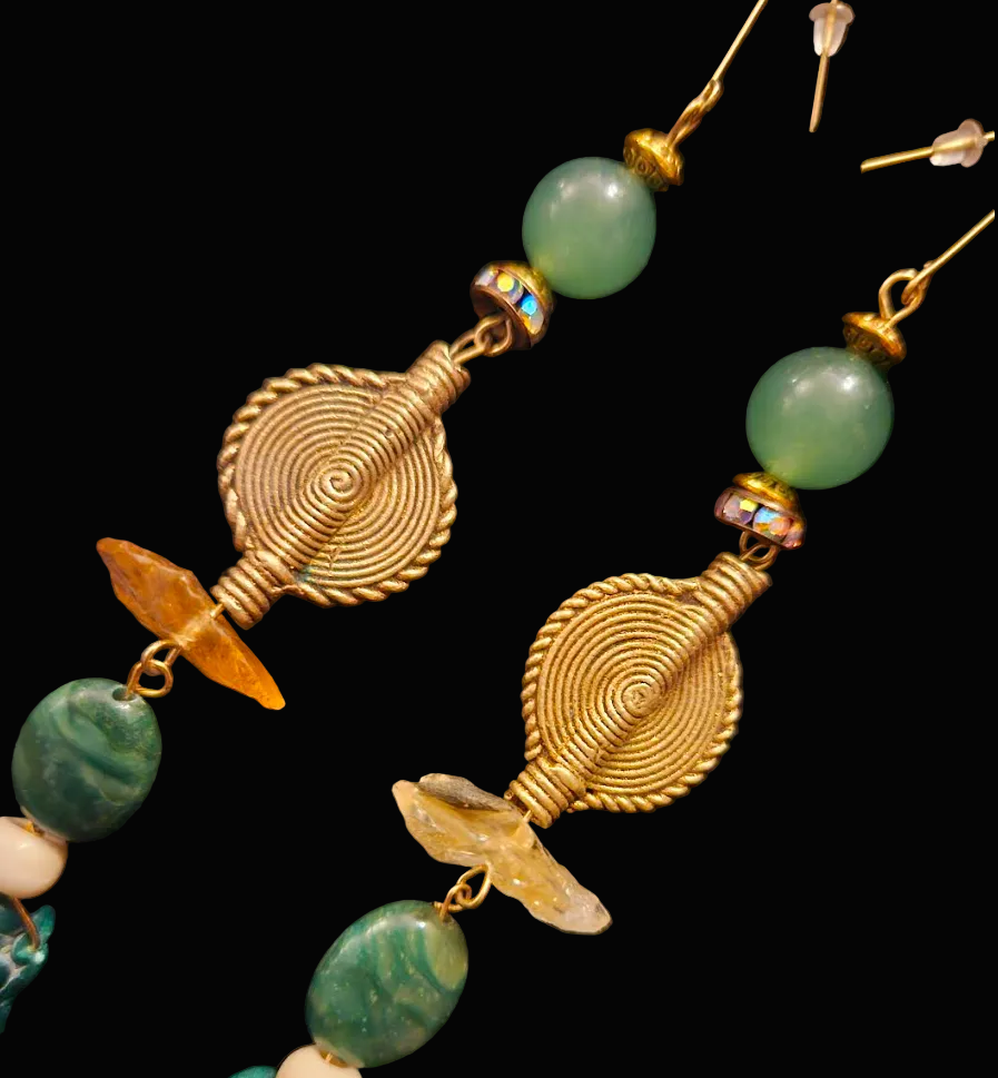 Malachite Citrine & Lost Wax Brass Shoulder Duster Statement Earrings