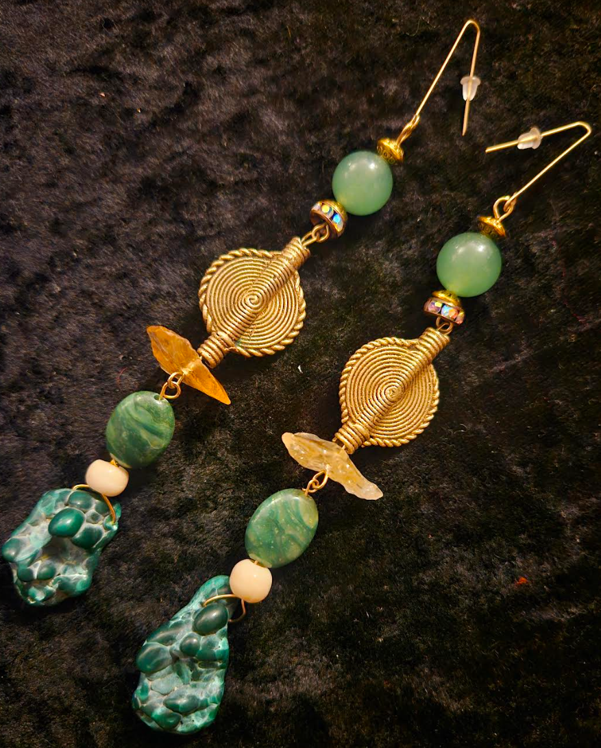 Malachite Citrine and Lost Wax Brass Shoulder Duster Statement Earring