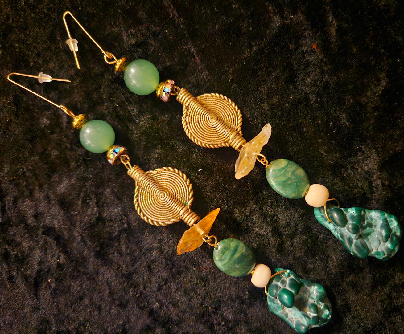 Malachite Citrine and Lost Wax Brass Shoulder Duster Statement Earring