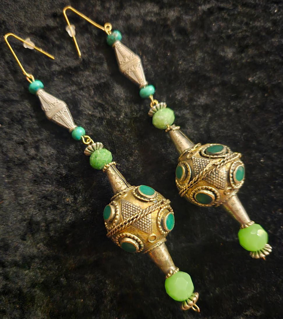 Afghani Pakistani Tribal Beaded Pierced Statement Earrings Silver an