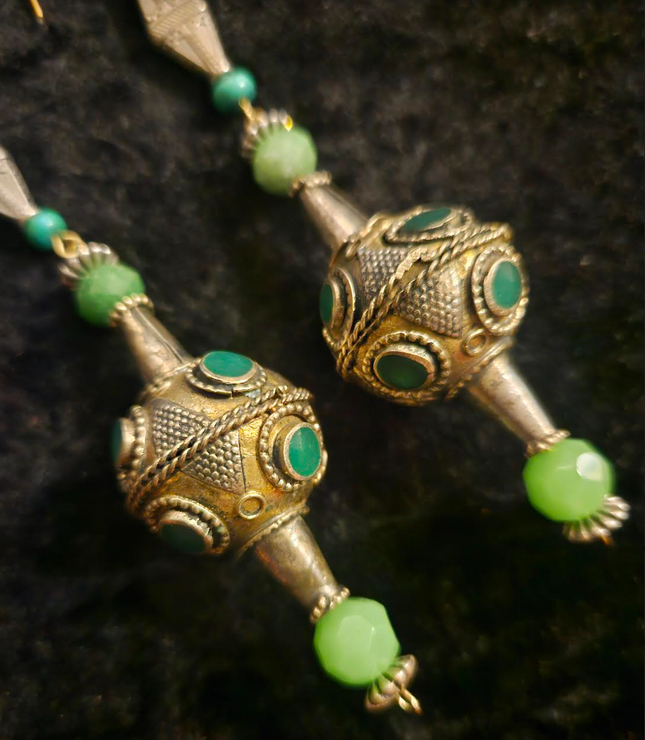 Afghani Pakistani Tribal Beaded Pierced Statement Earrings Silver an