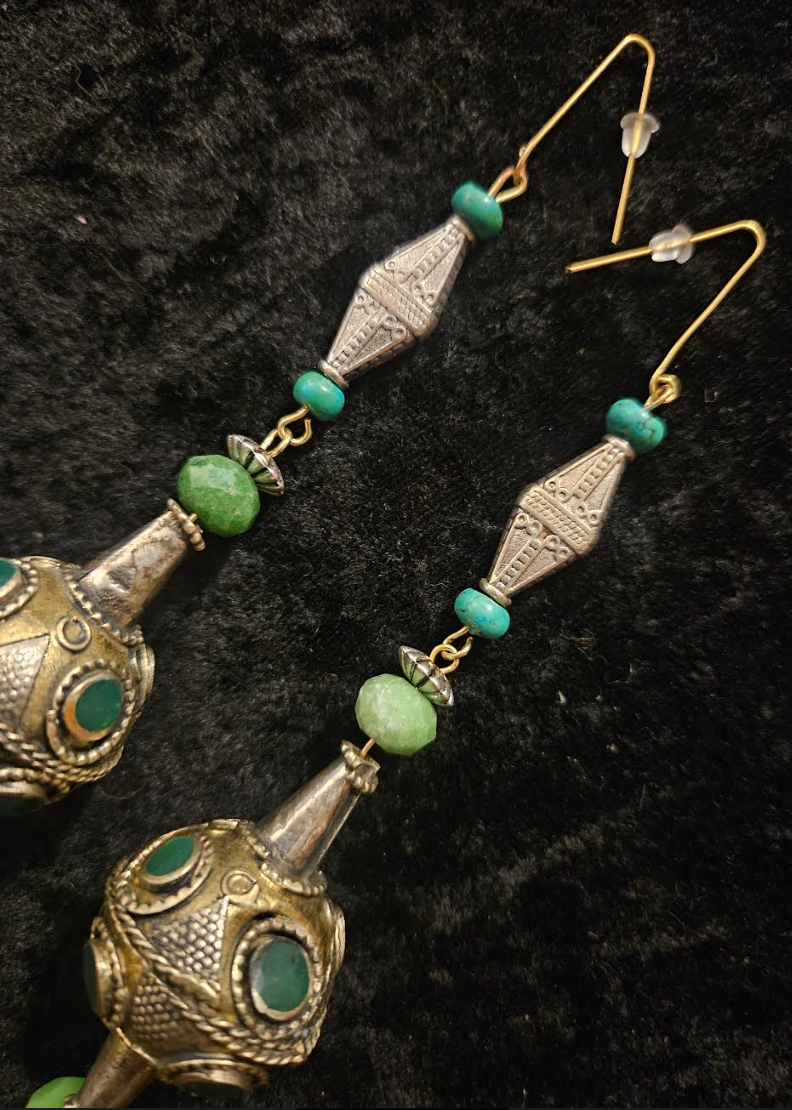 Afghani Pakistani Tribal Beaded Pierced Statement Earrings Silver an