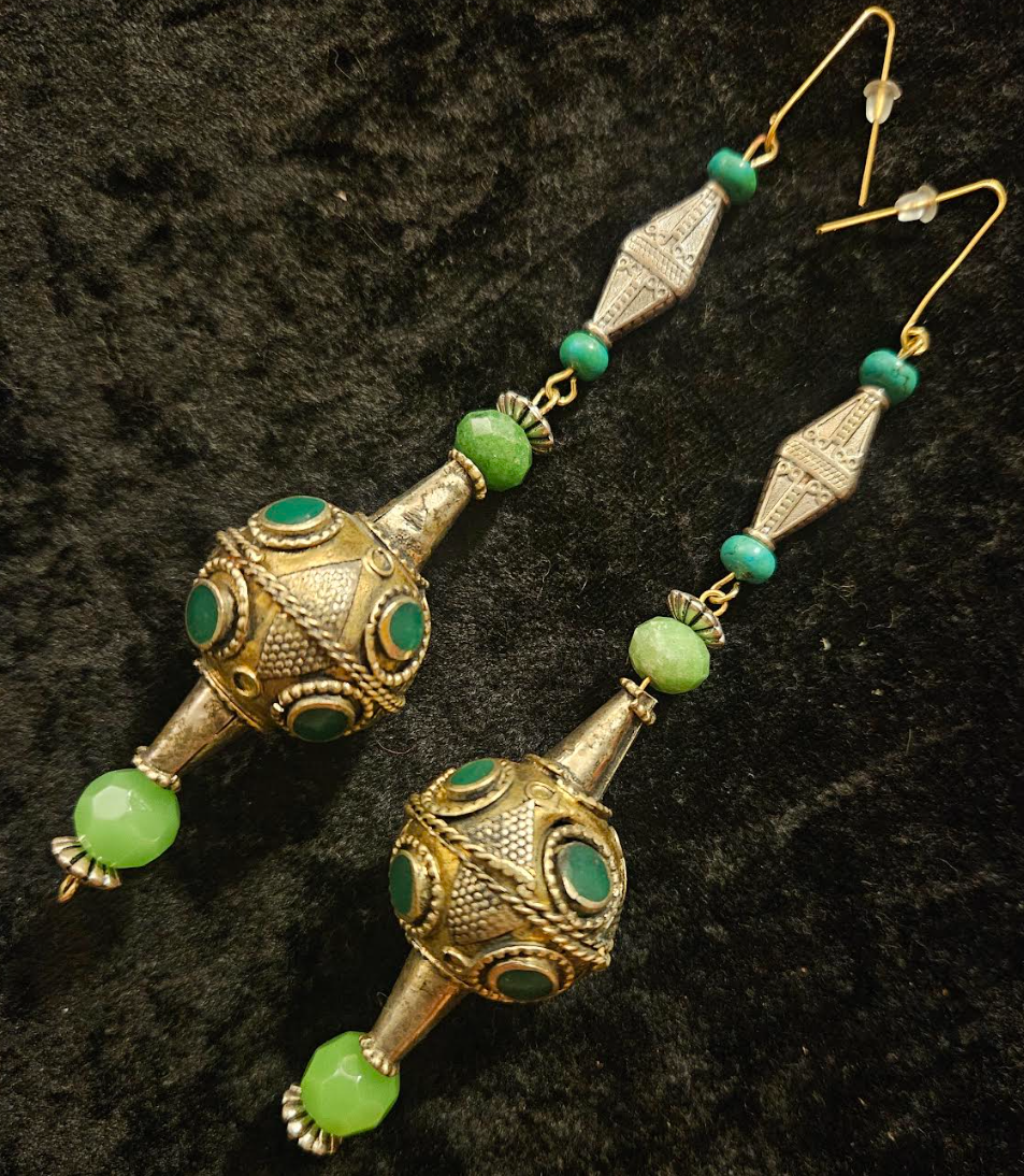 Afghani Pakistani Tribal Beaded Pierced Statement Earrings Silver an