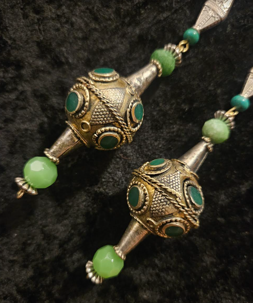 Afghani Pakistani Tribal Beaded Pierced Statement Earrings Silver an