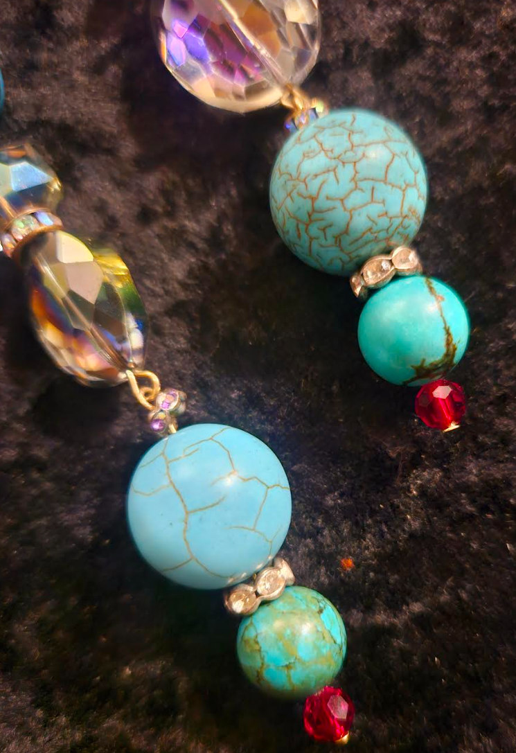 Mixed Beaded Shoulder Dusters Blue Magnesite & Crystal Long Pierc
