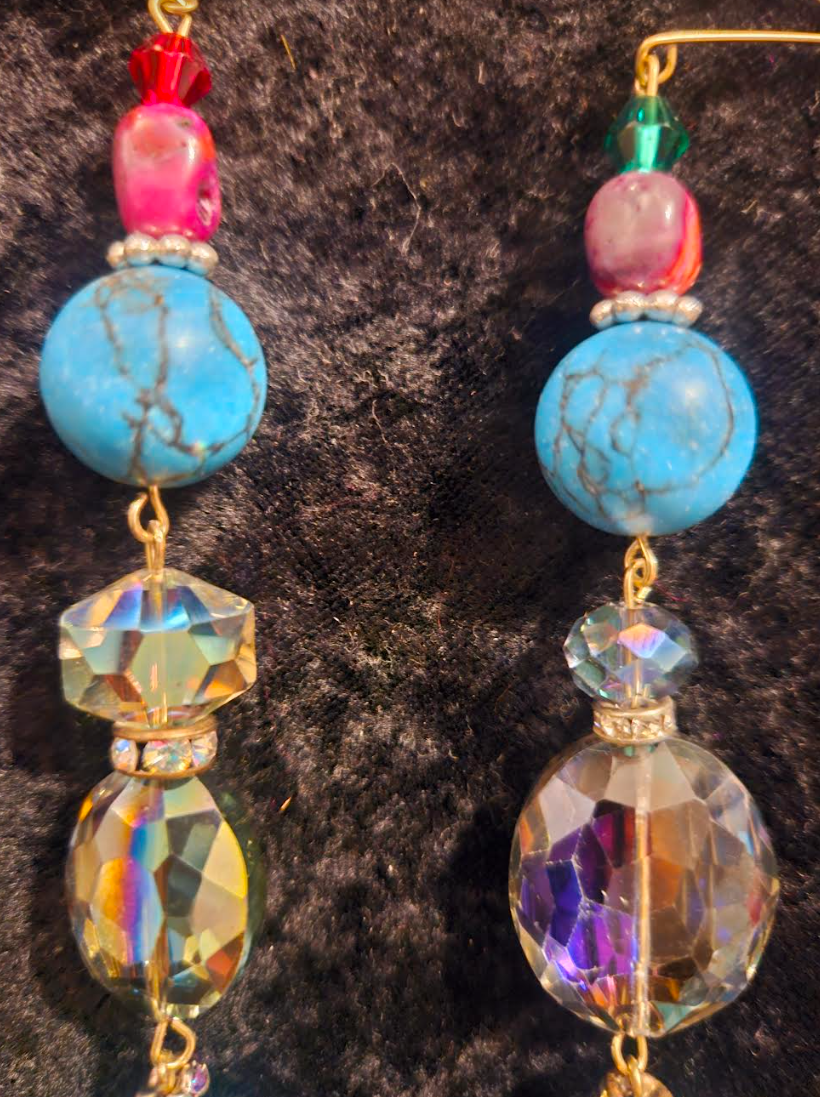 Mixed Beaded Shoulder Dusters Blue Magnesite & Crystal Long Pierc