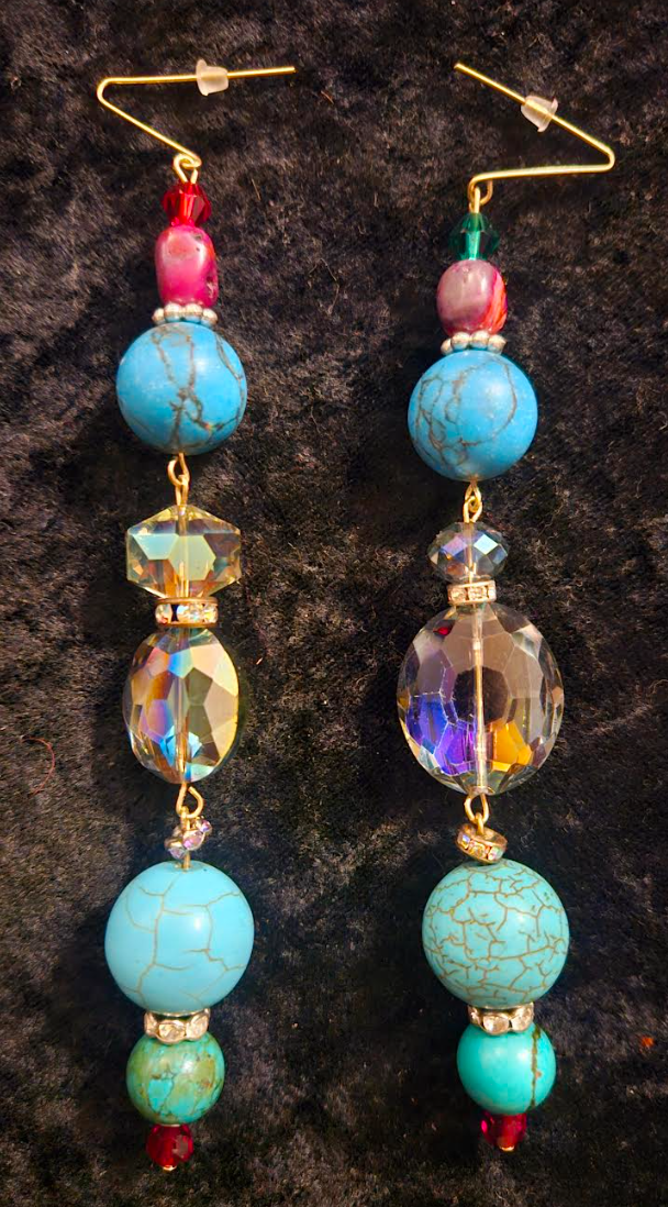 Mixed Beaded Shoulder Dusters Blue Magnesite & Crystal Long Pierc