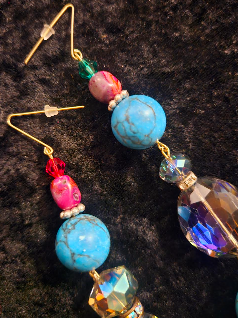 Mixed Beaded Shoulder Dusters Blue Magnesite & Crystal Long Pierc