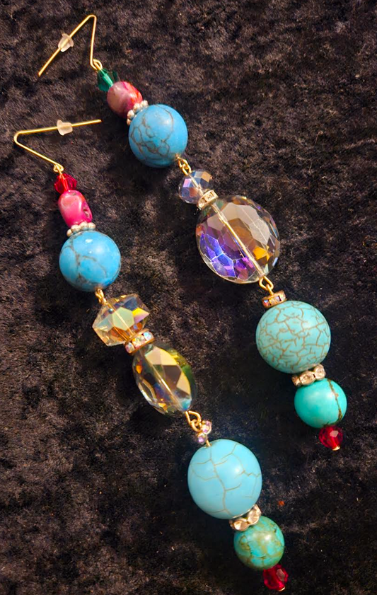 Mixed Beaded Shoulder Dusters Blue Magnesite & Crystal Long Pierc