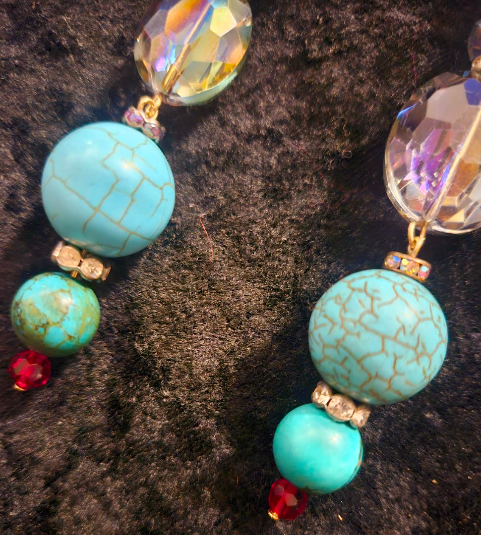 Mixed Beaded Shoulder Dusters Blue Magnesite & Crystal Long Pierc