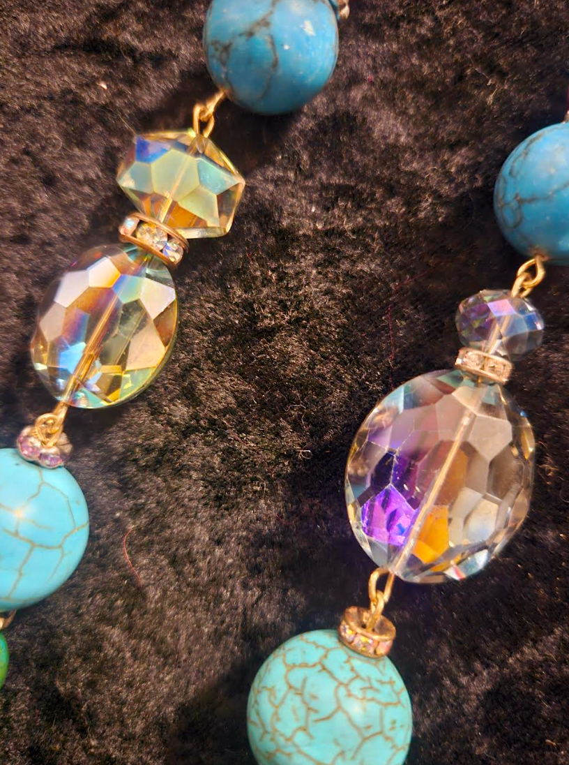 Mixed Beaded Shoulder Dusters Blue Magnesite & Crystal Long Pierc