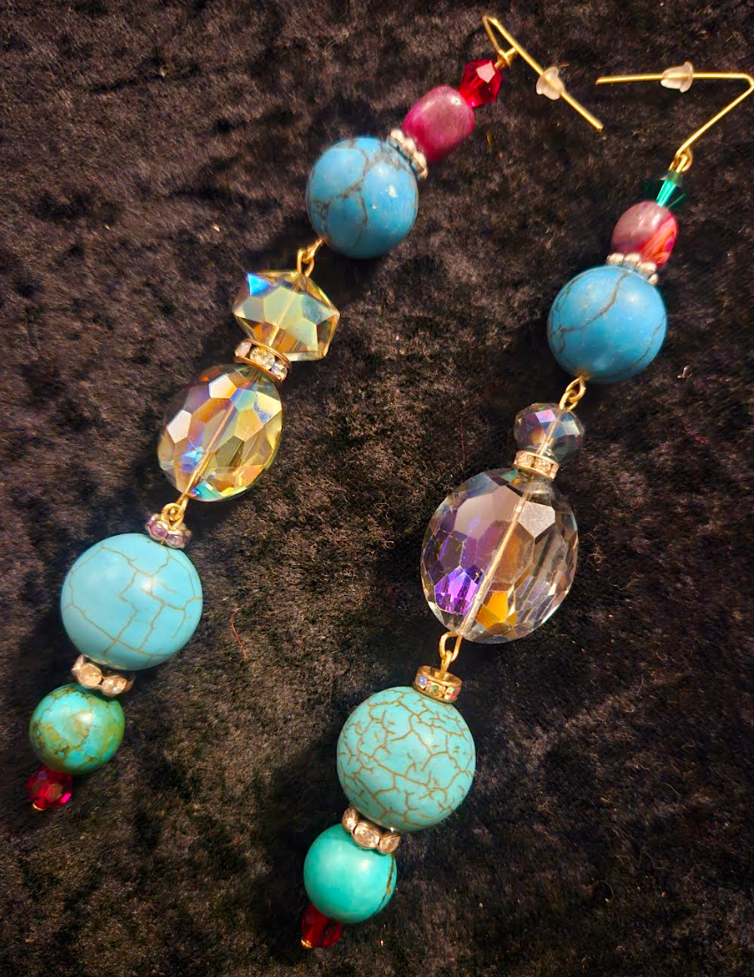 Mixed Beaded Shoulder Dusters Blue Magnesite & Crystal Long Pierc