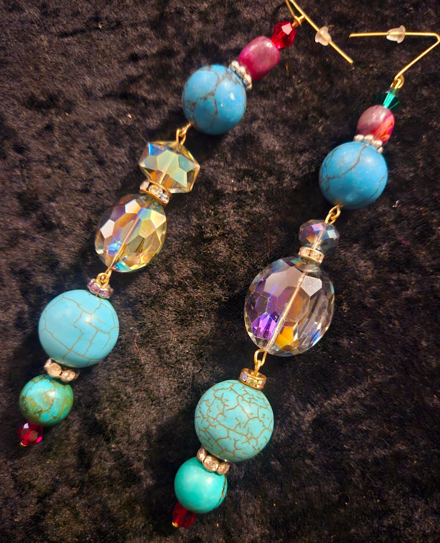 Mixed Beaded Shoulder Dusters Blue Magnesite & Crystal Long Pierc
