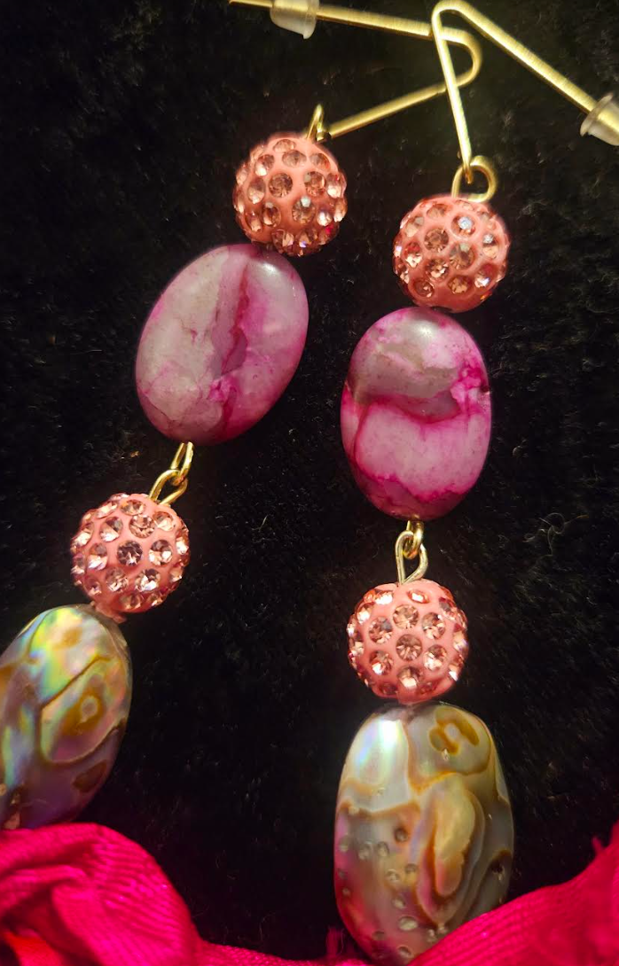 Abalone Shell Pink Pave Rhinestone & Distressed Sari Silk Ribbon Sh