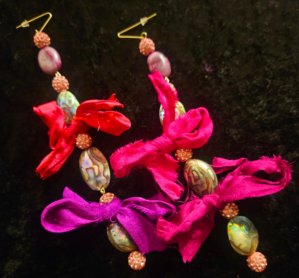 Abalone Shell Pink Pave Rhinestone & Distressed Sari Silk Ribbon Sh