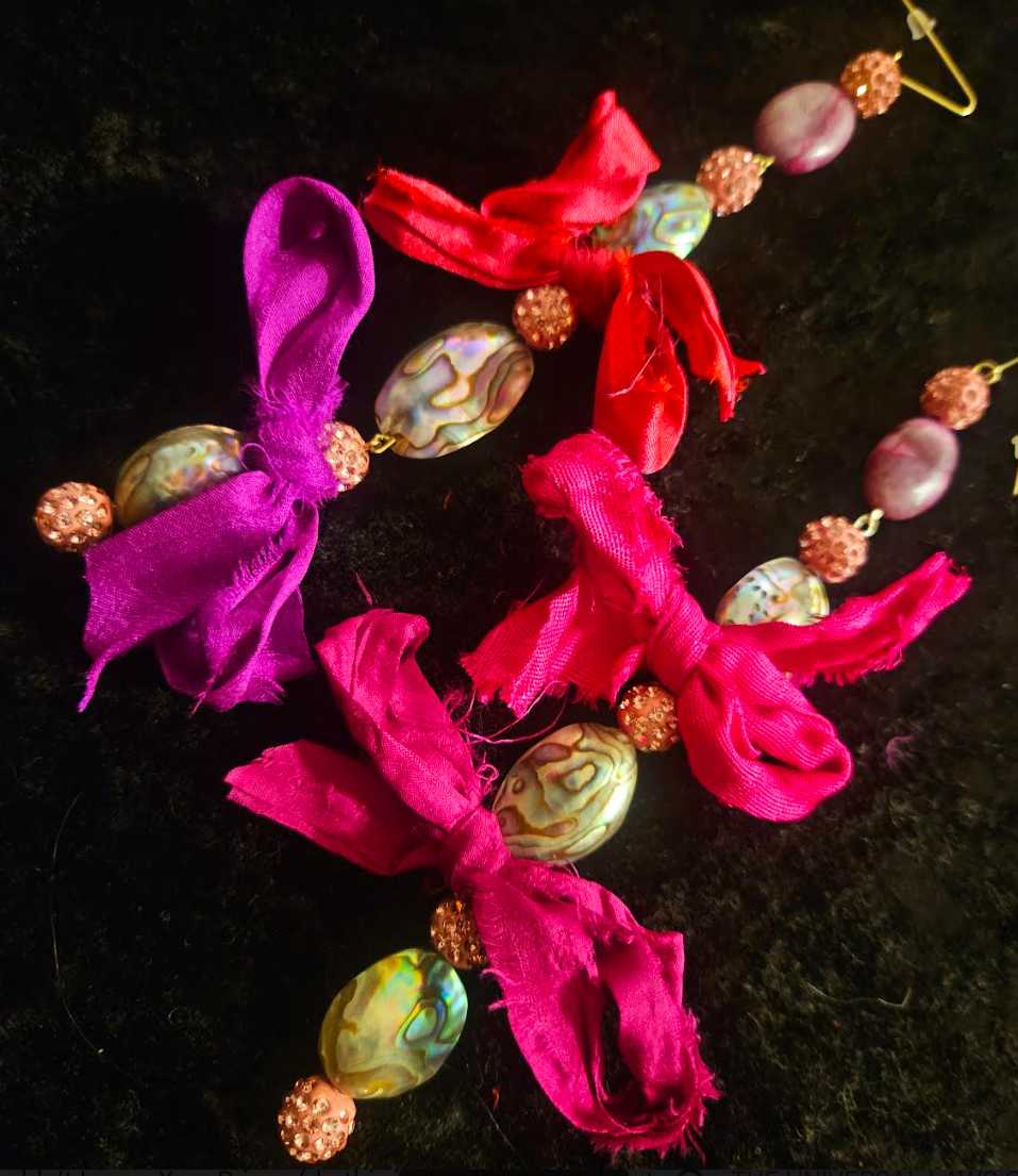Abalone Shell Pink Pave Rhinestone & Distressed Sari Silk Ribbon Sh