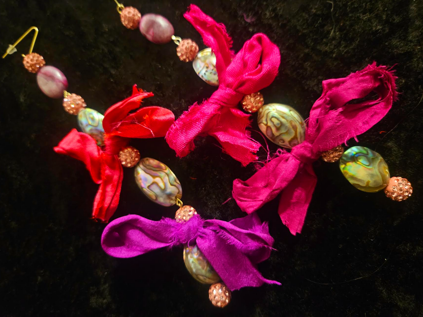 Abalone Shell Pink Pave Rhinestone & Distressed Sari Silk Ribbon Sh